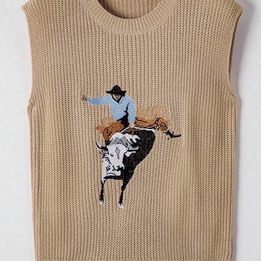 Tan Knit Sleevless Sweater with Rodeo Embroidery